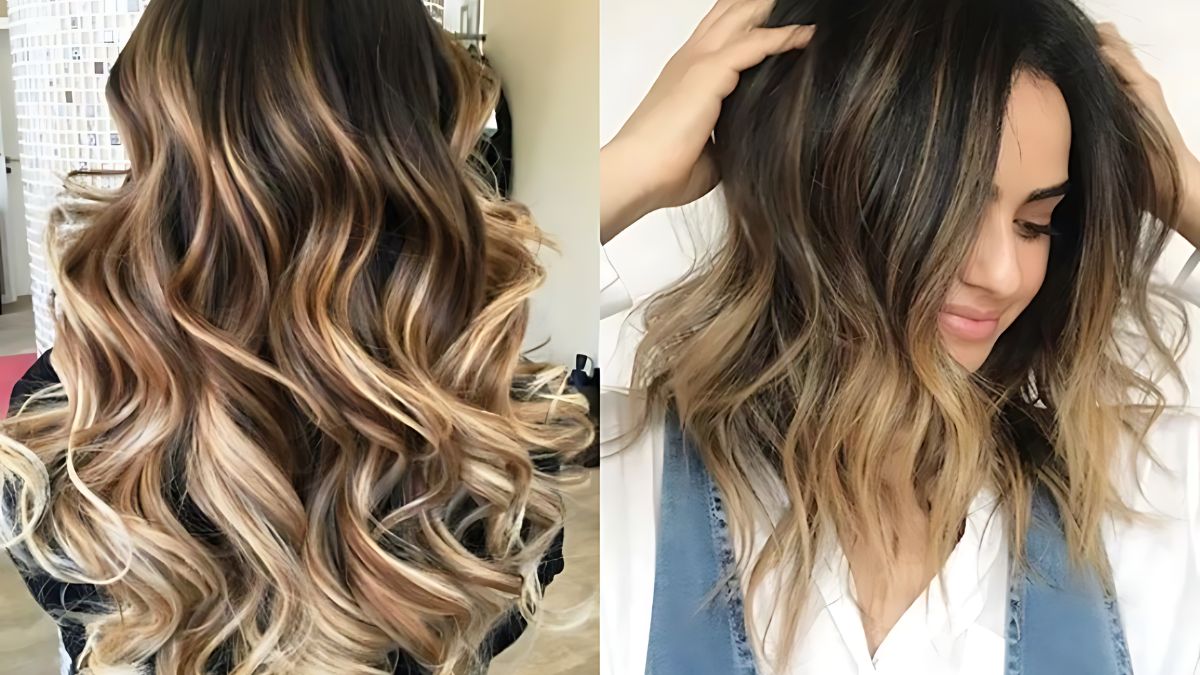 Hai kiểu tóc nhuộm ombre với màu nâu và vàng sáng, một kiểu dài xoăn và một kiểu ngắn gợn sóng.