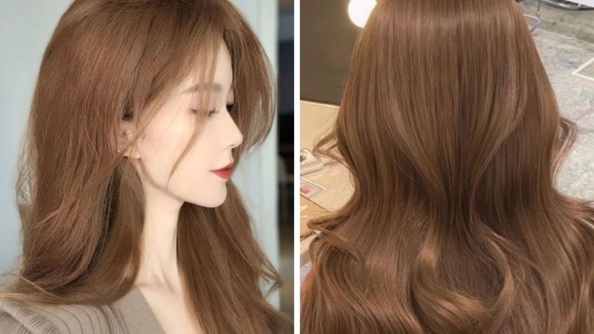 Hai hình ảnh tóc nâu dài, kiểu thẳng và lượn sóng, được chiếu sáng rõ ràng.
