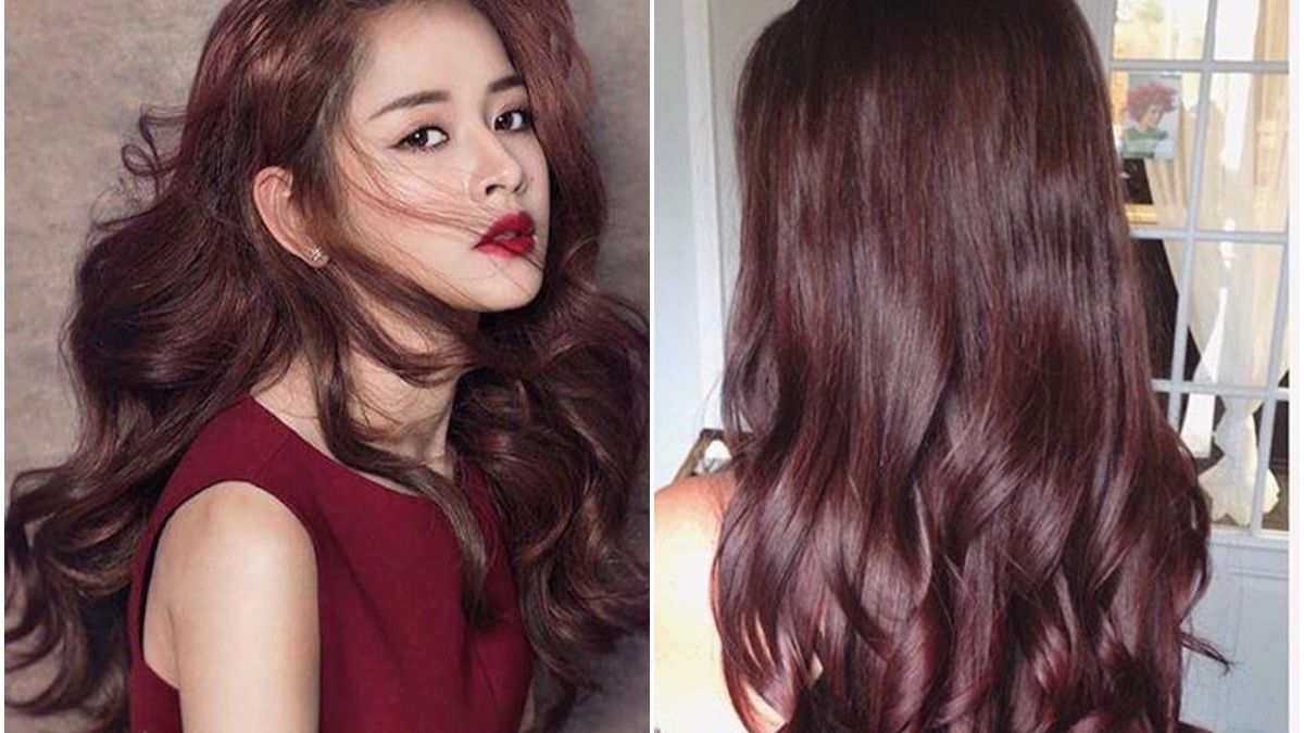 Hai kiểu tóc dài màu nâu đỏ, một bên nhìn từ phía trước và một bên từ phía sau.
