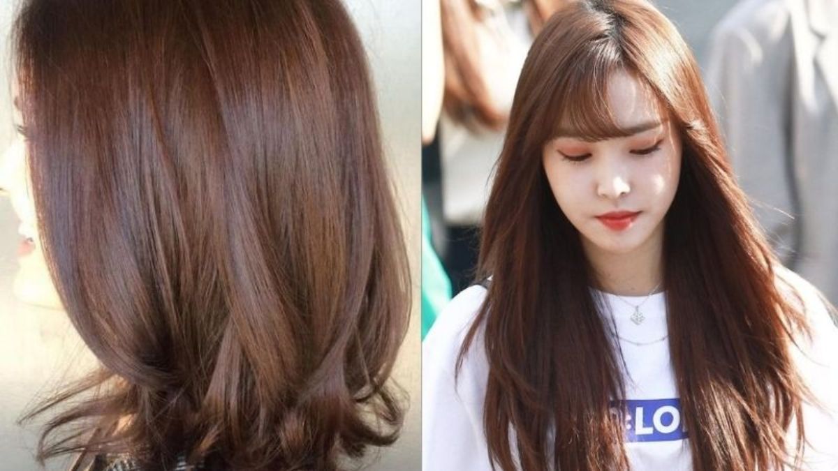 Hình ảnh tóc nâu mượt mà với hai phong cách: tóc ngắn uốn cụp và tóc dài thẳng có mái.