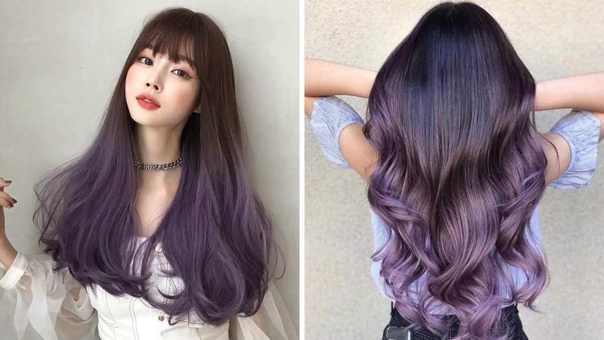 nau-tim-6 Hai kiểu tóc dài màu tím, một nhìn từ phía trước, một từ phía sau, với màu nhuộm ombre.