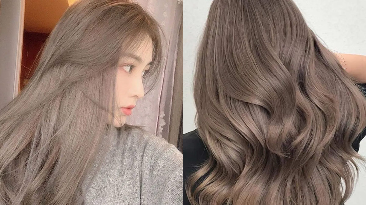 Người có mái tóc dài màu nâu tro, hình bên trái thấy mặt nghiêng, hình bên phải là tóc uốn lọn sóng mượt.