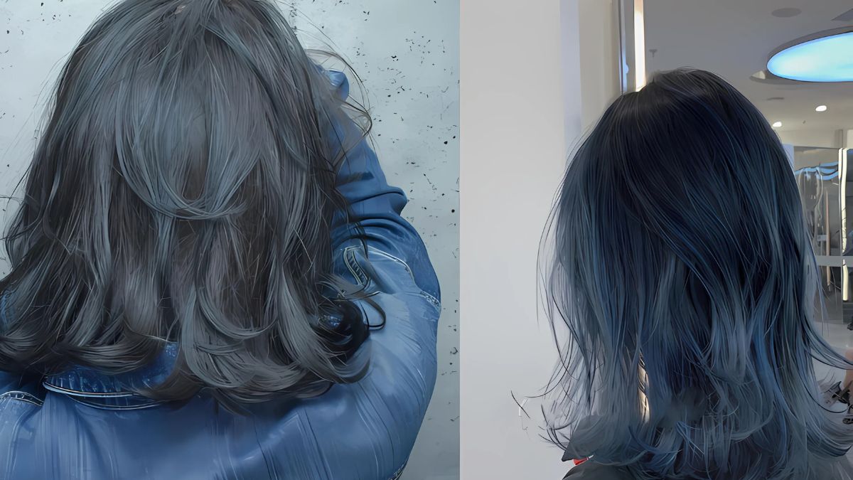 nhuom-balayage-toc-ngan-2 Hai kiểu tóc dài màu xám và xanh đậm, nhìn từ phía sau trong hai bối cảnh khác nhau.