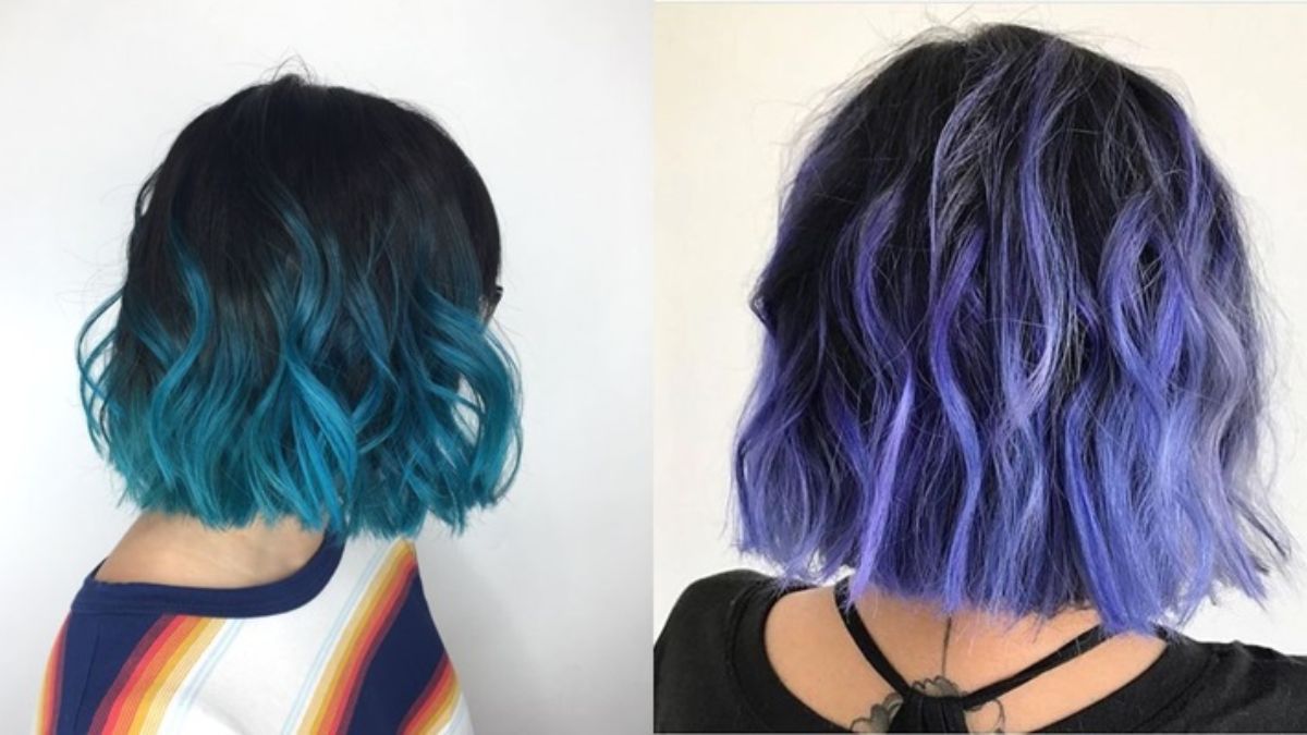nhuom-balayage-toc-ngan-9 Hai kiểu tóc ngắn nhuộm màu xanh dương và tím, được chụp từ phía sau.