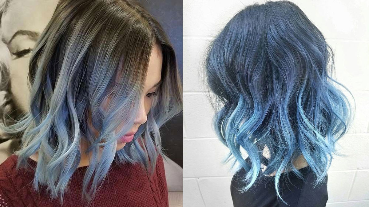 nhuom-duoi-toc-13 Hai kiểu tóc nhuộm xanh ombre, uốn xoăn nhẹ, được chụp từ góc nghiêng.
