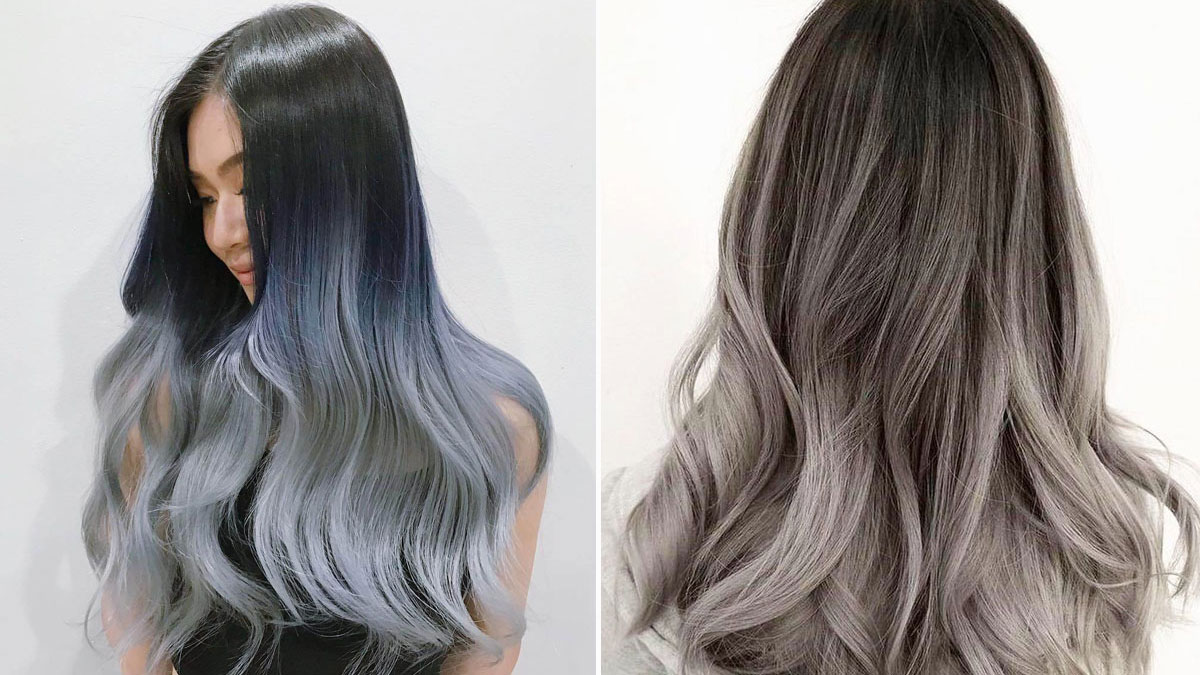 Hai kiểu tóc dài với màu nhuộm ombre xám, một bên nhìn nghiêng và một bên nhìn từ phía sau.