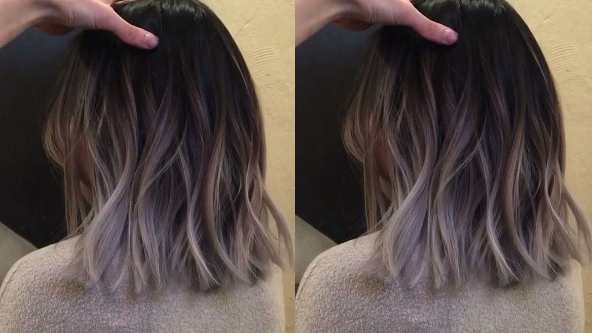Hai hình ảnh tóc ombre từ đen sang xám, dài ngang vai, với tay đặt lên phần đỉnh đầu.