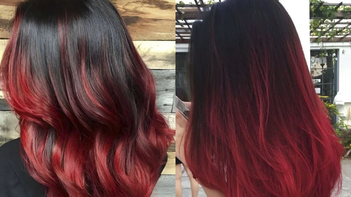 Hai kiểu tóc nhuộm ombre đỏ đen, một kiểu tóc xoăn và một kiểu tóc thẳng, được chụp từ phía sau.