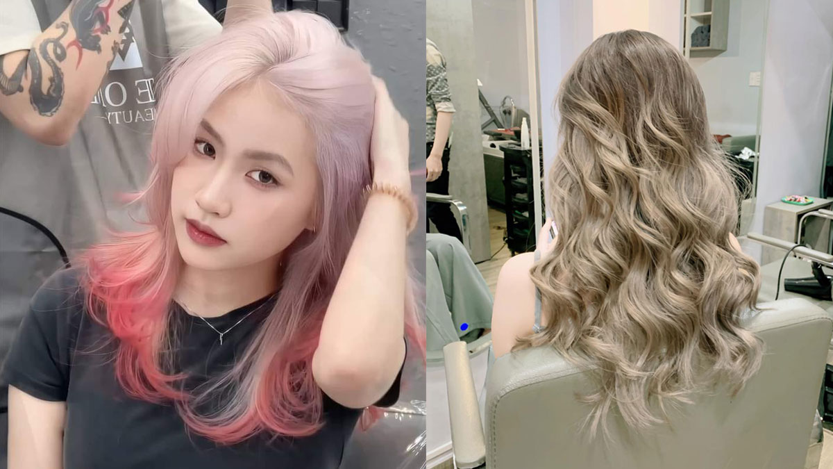 Hình ảnh hai kiểu tóc khác nhau: tóc nhuộm hồng nhạt bên trái, tóc xoăn màu nâu nhạt bên phải trong tiệm làm tóc.