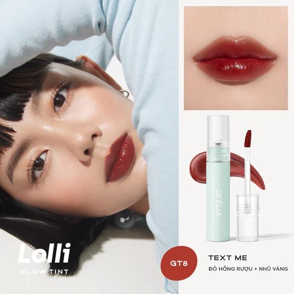 Người mẫu trang điểm môi đỏ, bên cạnh là hình chụp môi cận cảnh và sản phẩm son dạng lỏng.