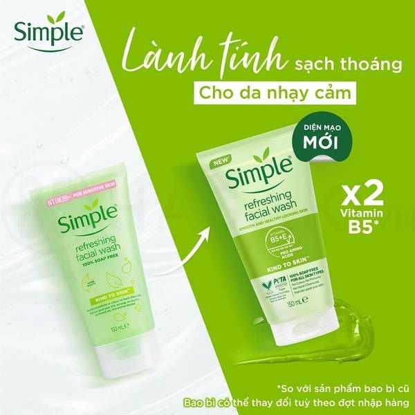 Hình ảnh sản phẩm sữa rửa mặt Simple với bao bì mới, nhấn mạnh công thức dịu nhẹ cho da nhạy cảm.