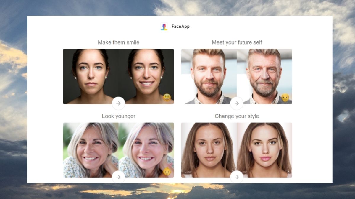 quet-khuon-mat-chon-kieu-toc-nam-4 Ứng dụng FaceApp hiển thị bốn cặp ảnh trước và sau chỉnh sửa với các hiệu ứng khác nhau.