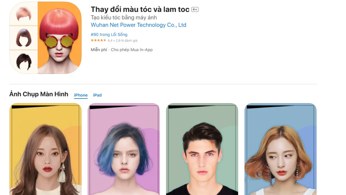 Giao diện ứng dụng thay đổi màu tóc và kiểu tóc với các hình ảnh minh họa đa dạng về màu sắc và kiểu dáng.