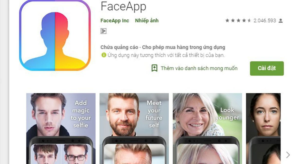 quet-khuon-mat-chon-kieu-toc-nu-online-5 Giao diện cửa hàng ứng dụng với biểu tượng và thông tin về FaceApp, kèm hình ảnh chỉnh sửa chân dung.