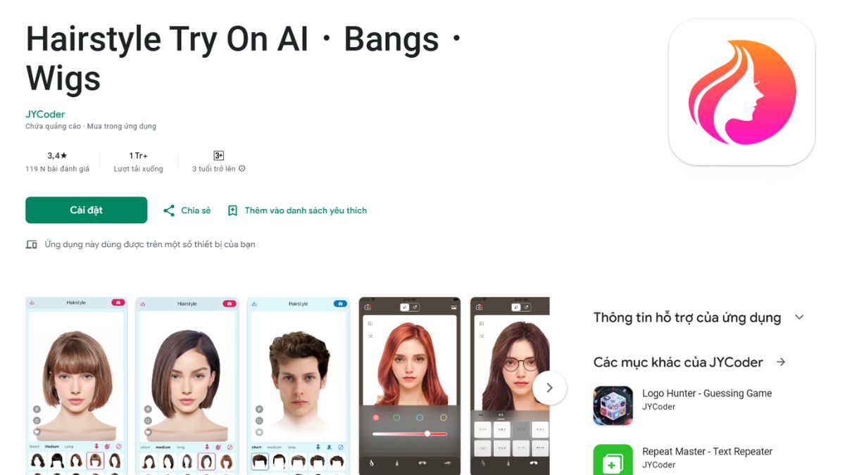 Trang cài đặt ứng dụng "Hairstyle Try On AI" với hình ảnh giao diện thử kiểu tóc trên nền tảng di động.
