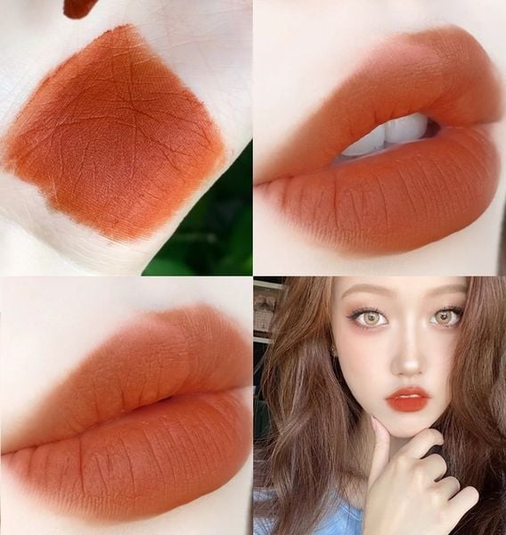 Màu son nâu cam trên tay và môi, kèm khuôn mặt trang điểm nhấn mạnh đôi môi cùng tông màu.