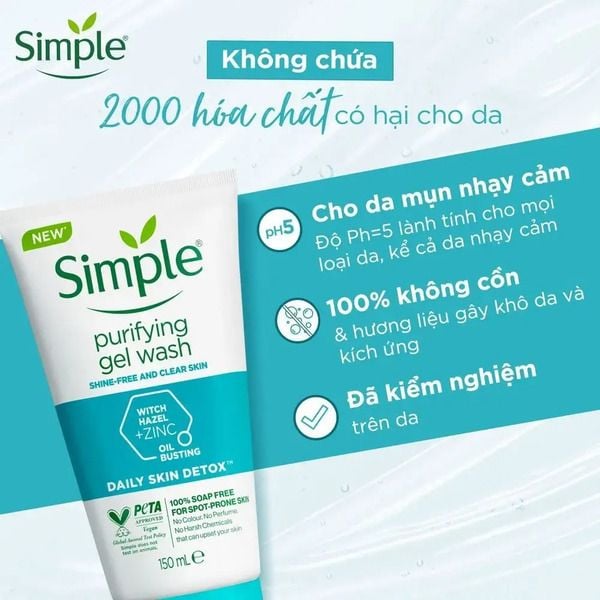 Hình ảnh gel rửa mặt Simple, thông tin sản phẩm không chứa cồn, phù hợp da nhạy cảm, đã kiểm nghiệm.