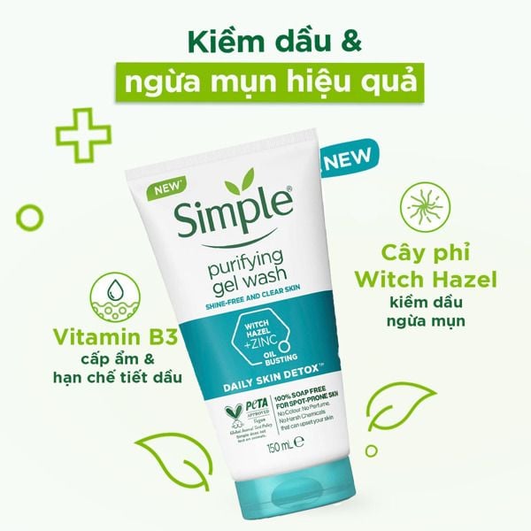 Sản phẩm gel rửa mặt Simple với thành phần Vitamin B3 và cây phỉ, giúp kiểm dầu và ngừa mụn.