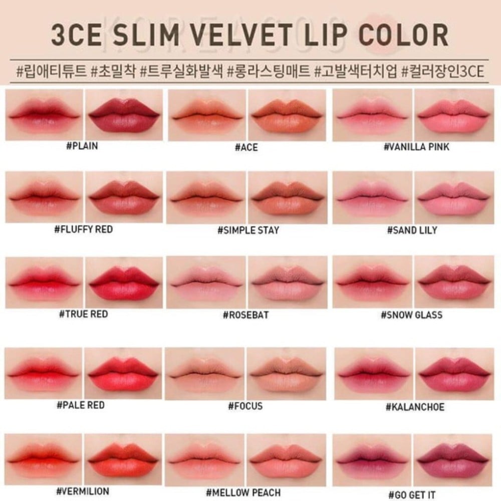 son_3ce_slim_velvet_lip_color_vo_den_193e345323394b70a997e403f16590b5 2.5 - thegioiskinfood - Bảng màu son 3CE Slim Velvet Lip Color vỏ đen