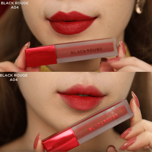 Hai hình ảnh son môi màu đỏ trên đôi môi, với sản phẩm Black Rouge A04 được cầm trên tay phía trước.