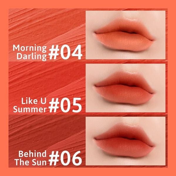 Ba mẫu son môi màu cam được đánh số từ 04 đến 06, hiển thị với tông màu khác nhau.