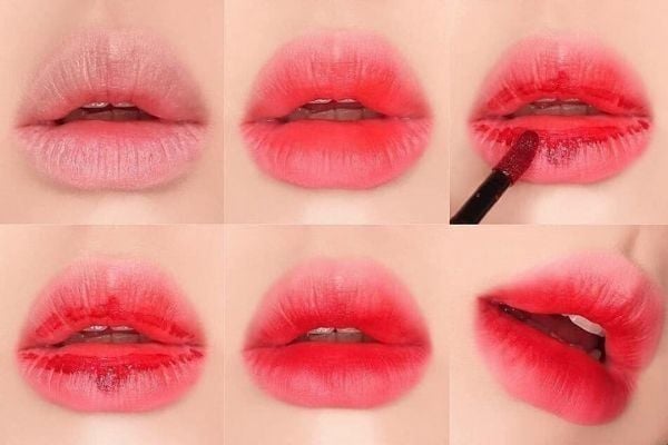 Quy trình tô son từ nhạt đến đậm, thể hiện các bước trang điểm môi với màu sắc dần chuyển từ hồng sang đỏ.