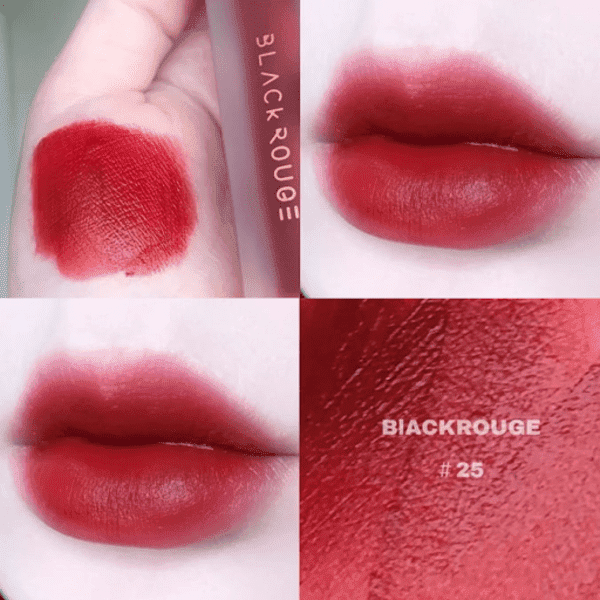 Bốn hình ảnh son môi màu đỏ, một thỏi son, màu son trên tay và trên môi, có chữ Black Rouge #25.