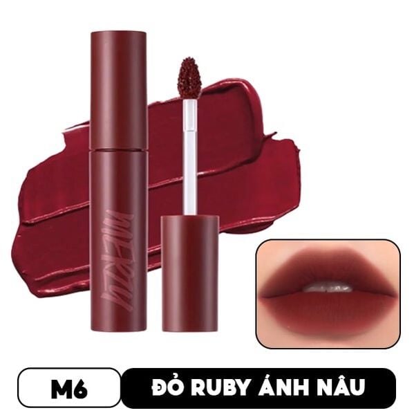 Son môi màu đỏ ruby ánh nâu, có cọ thoa và hình minh họa đôi môi tô son, mã M6.