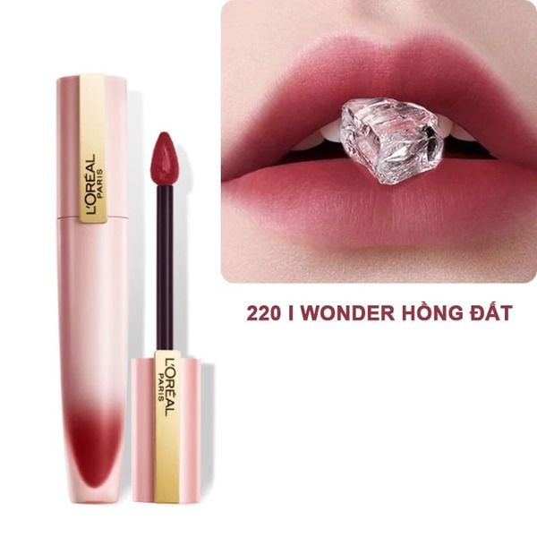 Son môi màu hồng đất L'Oréal với hình ảnh môi ngậm viên đá và mã màu 220 I Wonder.