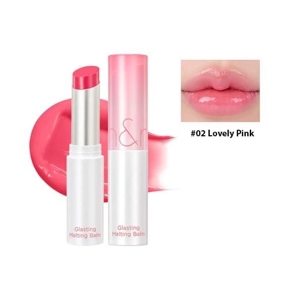 Son dưỡng môi màu hồng Lovely Pink, gồm thỏi son và hình ảnh mẫu môi được tô son bóng.