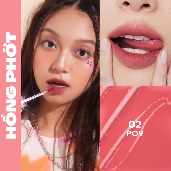 Người mẫu thoa son hồng phớt, cận cảnh đôi môi và màu son hồng mã 02 POV.