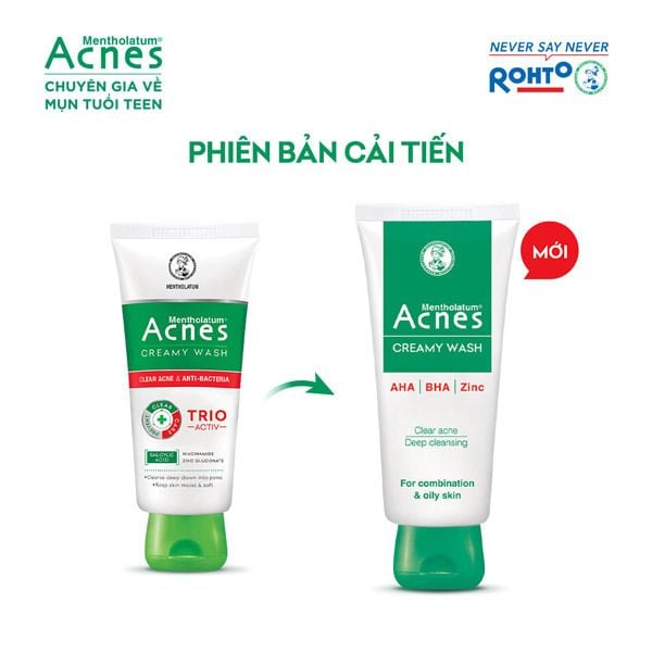 Hình ảnh hai tuýp sữa rửa mặt Acnes, phiên bản cũ và mới, với thông tin thành phần và công dụng.