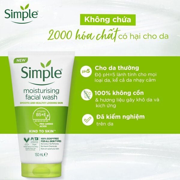 Hình ảnh sản phẩm sữa rửa mặt Simple với các thông tin về đặc điểm và lợi ích cho da nhạy cảm.