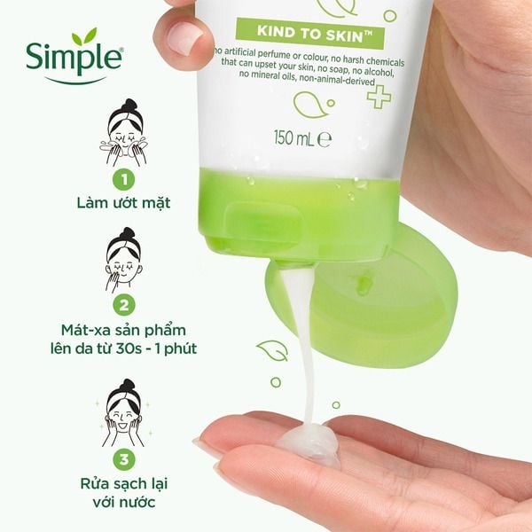 Hình ảnh chai sữa rửa mặt và hướng dẫn sử dụng ba bước gồm làm ướt mặt, mát-xa và rửa sạch.