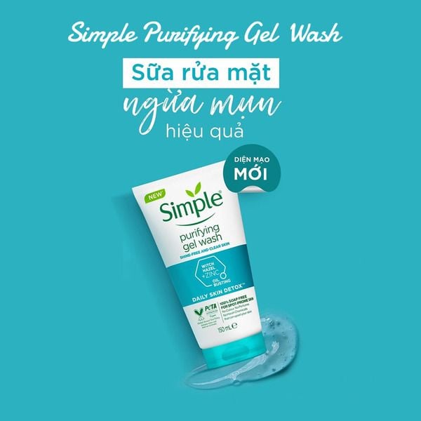 Tuýp sữa rửa mặt Simple Purifying Gel Wash trên nền xanh, có chữ "Sữa rửa mặt ngừa mụn hiệu quả".