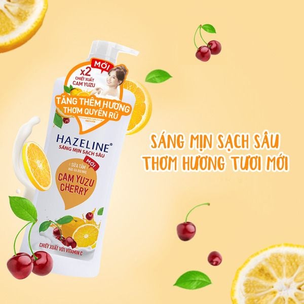 sua_tam_hazeline_cam_va_cherry_835e983fb21247a6b45742ff9d9dd1b1_grande Chai sữa tắm Hazeline Cam Yuzu Cherry, hình ảnh cam và cherry, nền màu cam sáng.