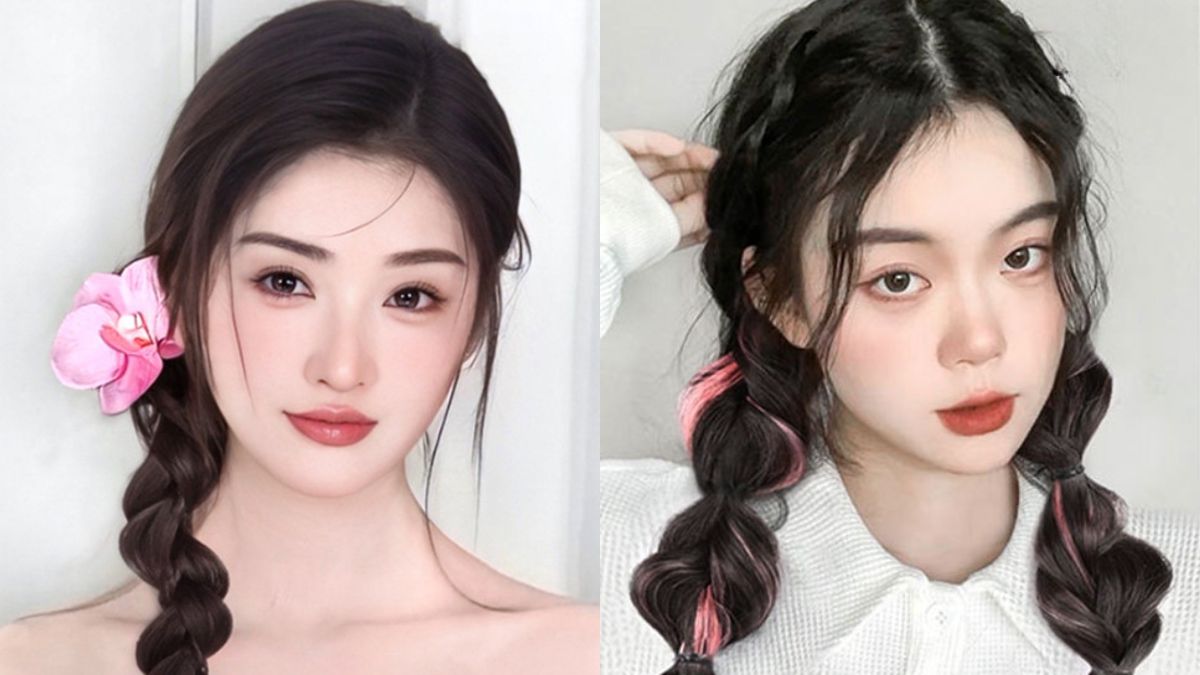 tet-toc-12 Hai người với mái tóc thắt bím, một người có hoa cài tóc màu hồng, người kia có tóc nhuộm hồng.