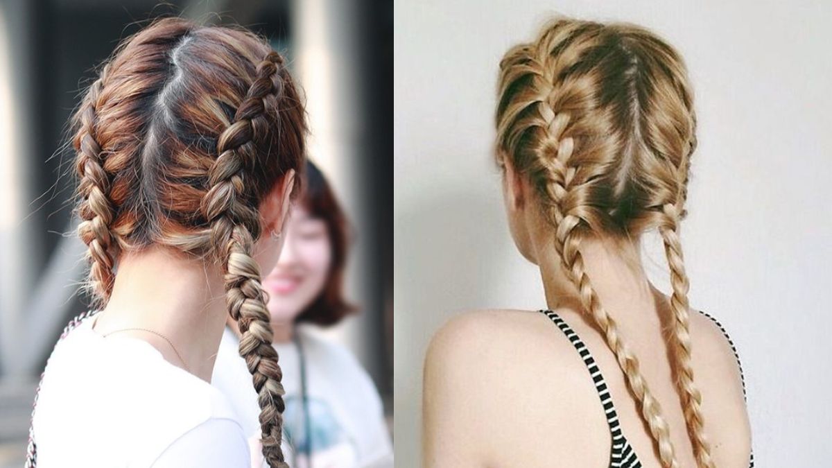 Hai kiểu tóc tết đuôi sam được chụp từ phía sau, mỗi người có màu tóc khác nhau.