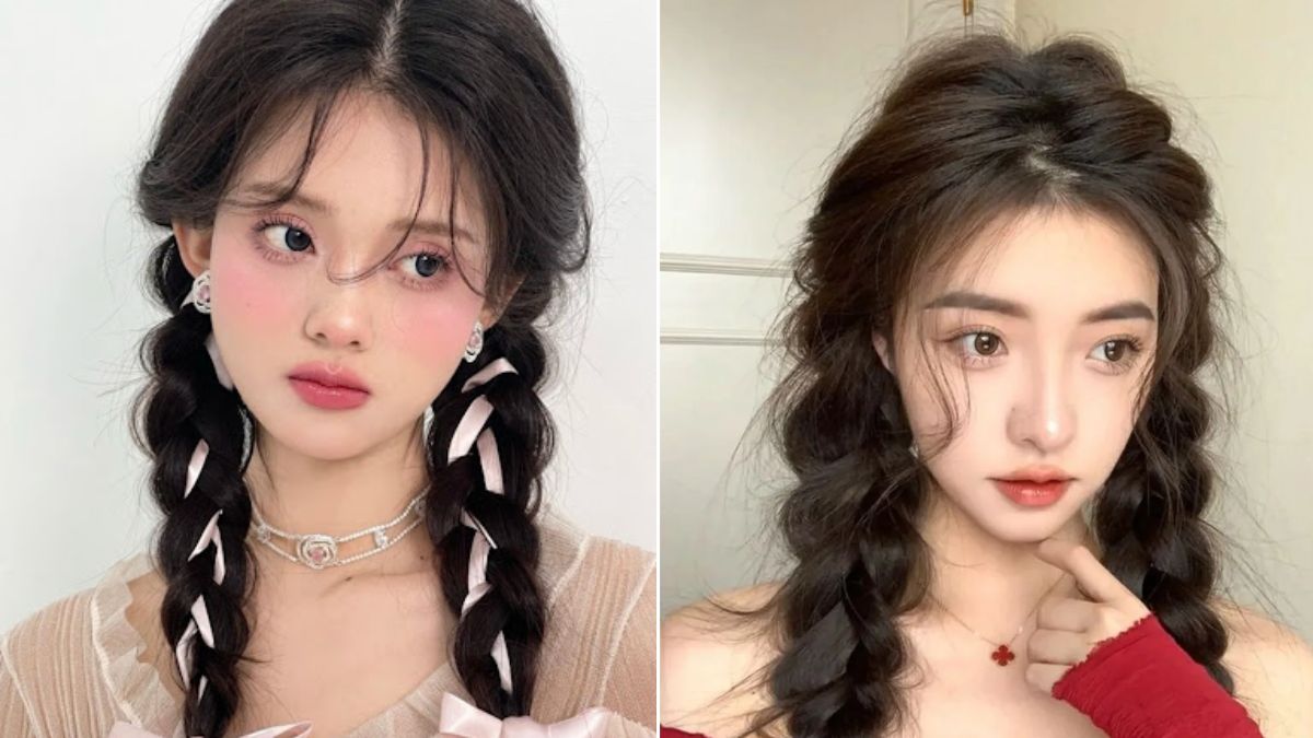 Hai người với kiểu tóc tết, một người đeo băng đô, người kia mặc áo đỏ, cả hai có phong cách trang điểm nhẹ.