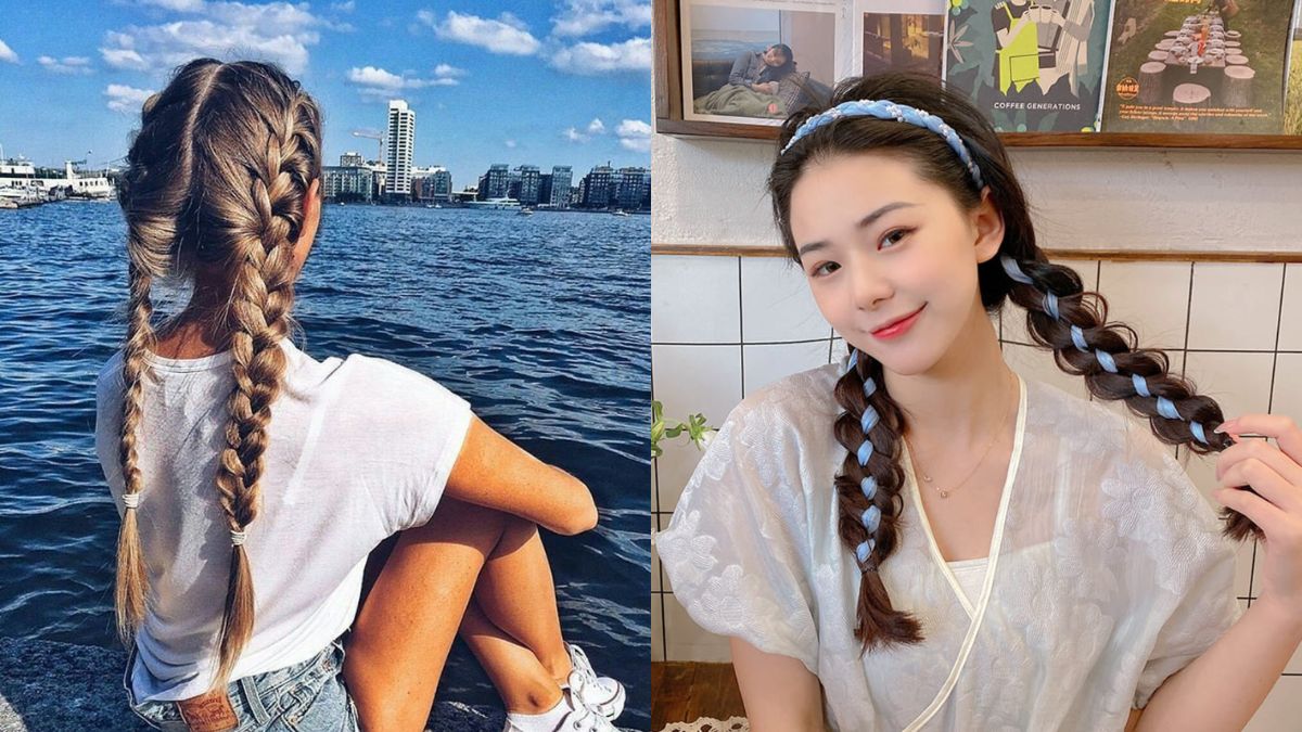 Hình ảnh hai người đang tết tóc kiểu Pháp, một người ngồi trước cảnh nước, người kia trong nhà với khăn buộc tóc.