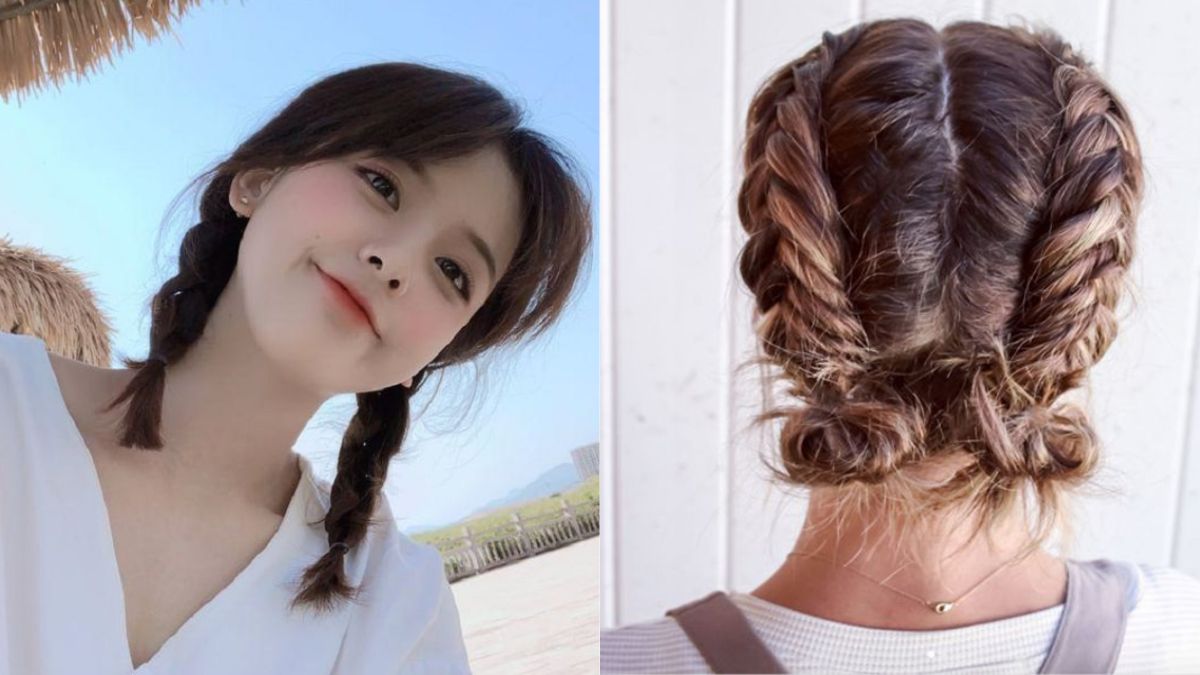 Hình ảnh gồm hai kiểu tóc tết, một từ phía trước và một từ phía sau, với phông nền ngoài trời và trong nhà.