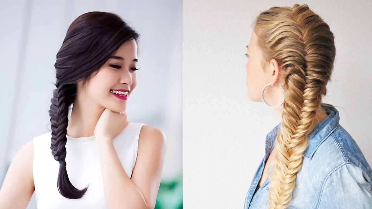 tet-toc-3 Hai người với kiểu tóc tết đuôi cá; một tóc nâu đen, một tóc vàng, mặc áo trắng và áo xanh.