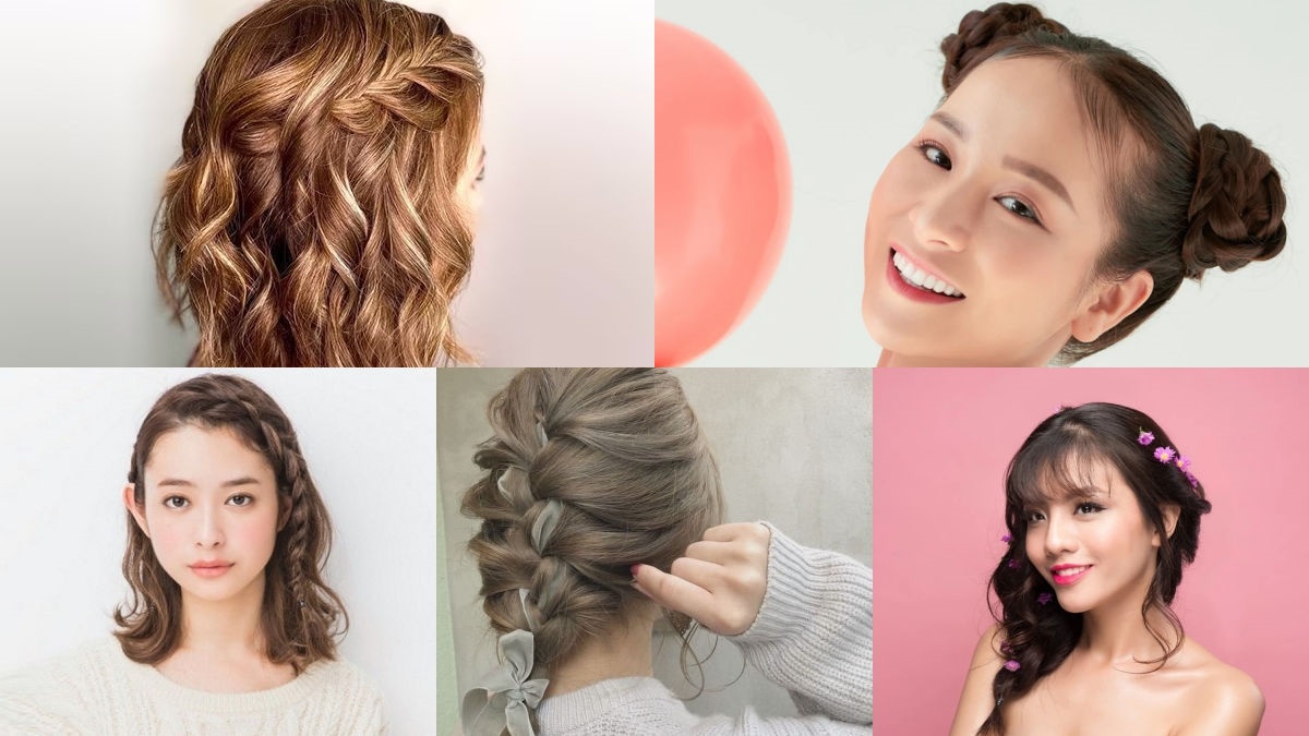tet-toc-ngan-16 Bốn kiểu tóc đa dạng: tóc xoăn, tóc búi đôi, tóc thắt bím, và tóc trang trí hoa, trên nền đơn giản.