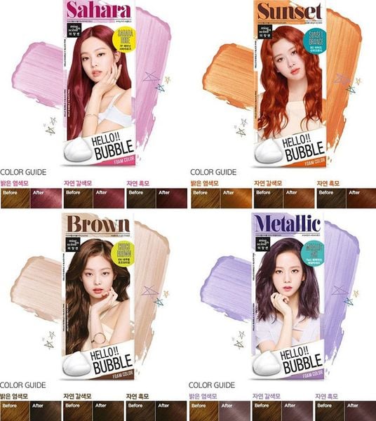 Bốn hộp thuốc nhuộm tóc Hello Bubble với các màu sắc khác nhau và hướng dẫn so sánh màu trước - sau.