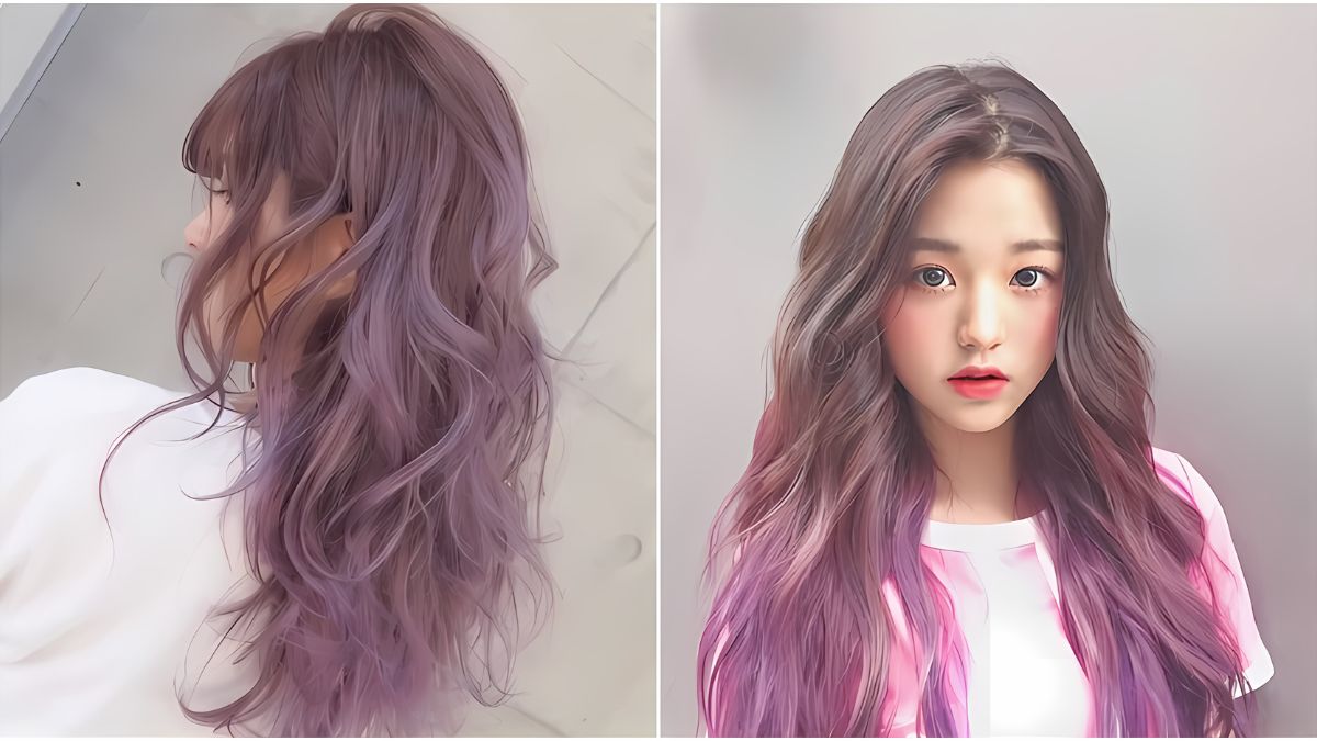 Hai kiểu tóc dài uốn xoăn với màu tím ombre, một nhìn từ phía sau và một nhìn từ phía trước.
