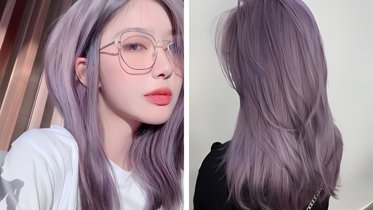 Người đeo kính với mái tóc dài màu tím, nhìn từ phía trước và phía sau.