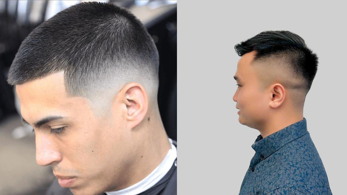 toc-3-phan-12 Hai người đàn ông với kiểu tóc undercut, chụp từ góc nghiêng, nền mờ và trung tính.