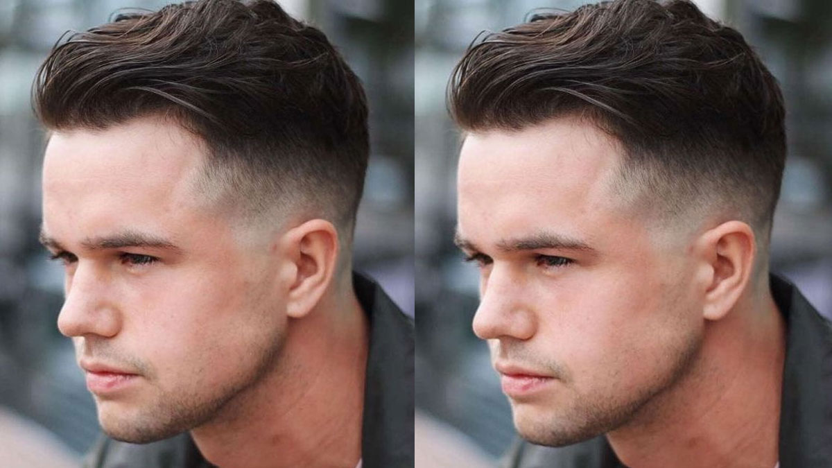 toc-armani-14 Hai hình ảnh giống nhau của một người với kiểu tóc undercut, nhìn nghiêng, nền mờ.