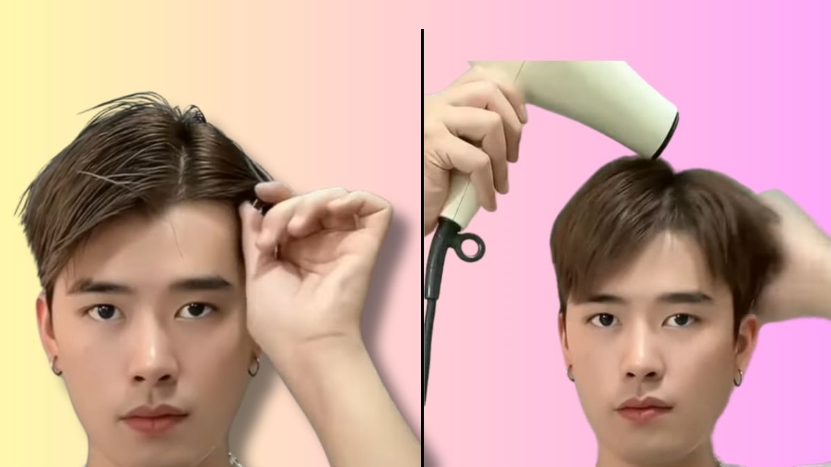 Người đàn ông chỉnh tóc và dùng máy sấy tóc trước nền màu hồng và vàng nhạt.