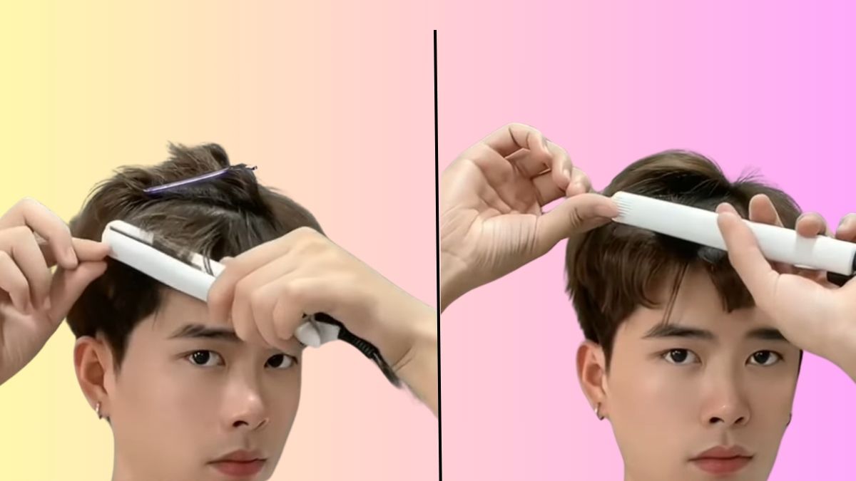 Người đang dùng máy là tóc để tạo kiểu, nền màu chuyển từ vàng sang hồng.